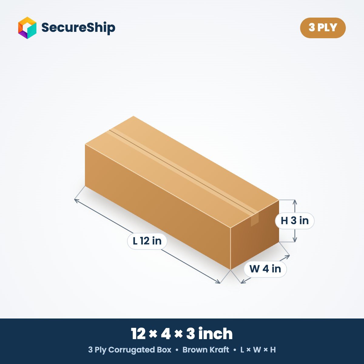 3 ply brown corrugated box, 12 x 4 x 3 inches (L x W x H)