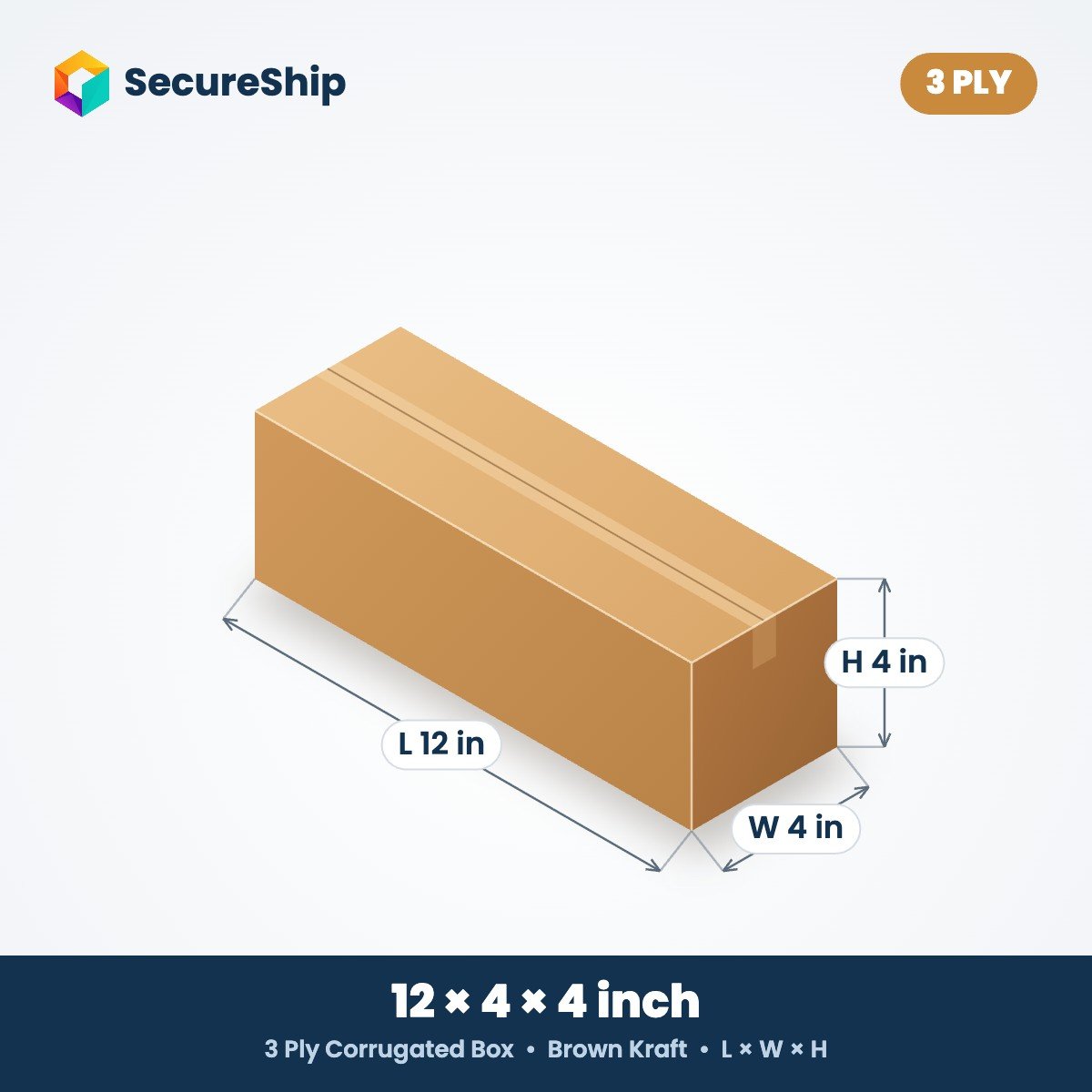 3 ply brown corrugated box, 12 x 4 x 4 inches (L x W x H)