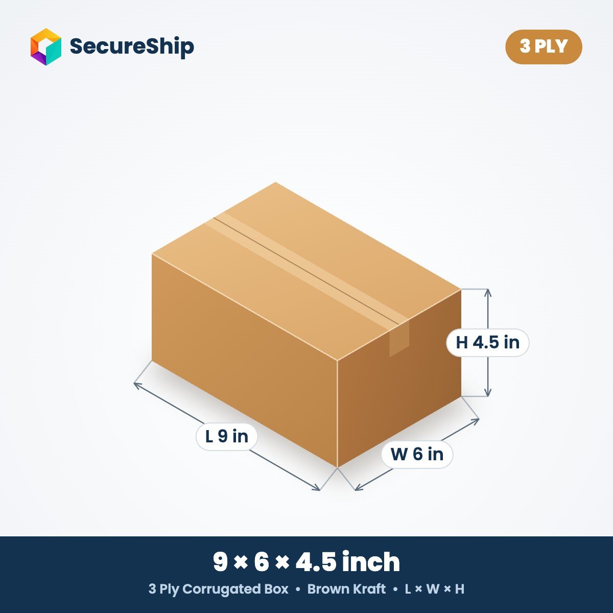 3 ply brown corrugated box, 9 x 6 x 4.5 inches (L x W x H)