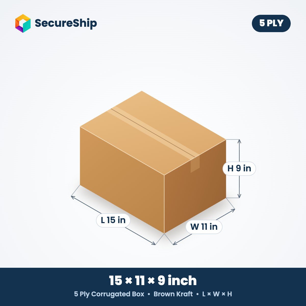 5 ply brown corrugated box, 15 x 11 x 9 inches (L x W x H)