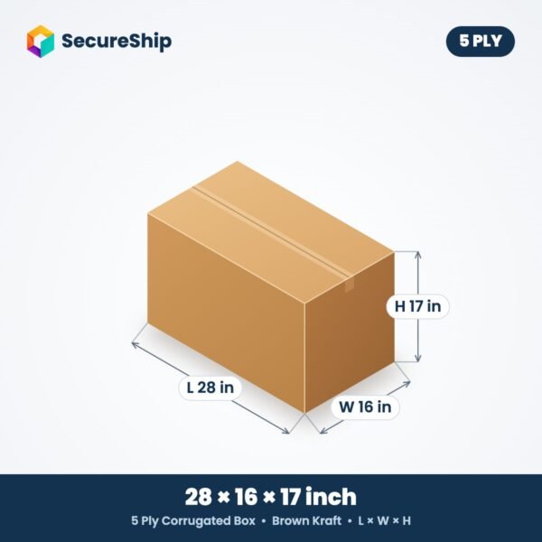 5 ply brown corrugated box, 28 x 16 x 17 inches (L x W x H)