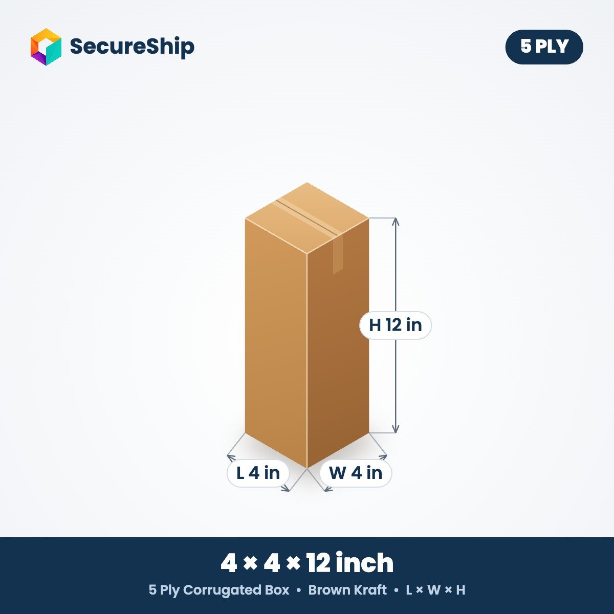 5 ply brown corrugated box, 4 x 4 x 12 inches (L x W x H)