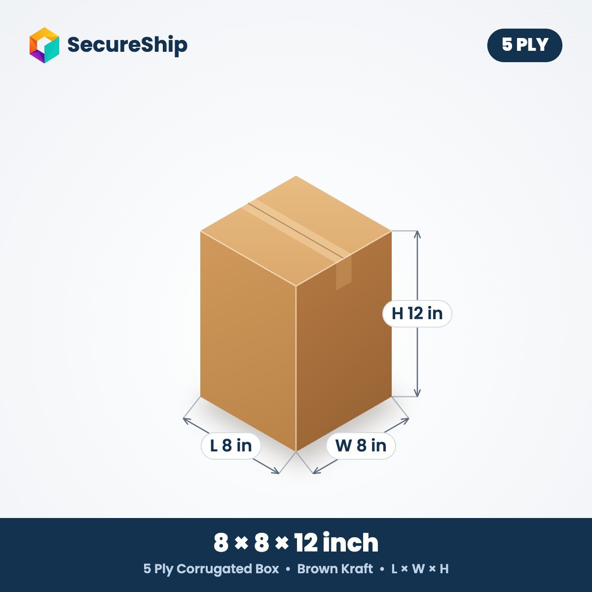 5 ply brown corrugated box, 8 x 8 x 12 inches (L x W x H)