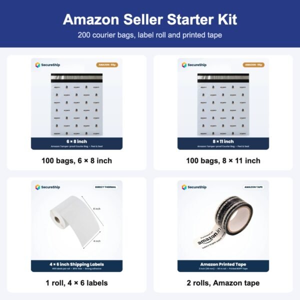 SecureShip Amazon Seller Starter Kit: 100 bags, 6 × 8 inch, 100 bags, 8 × 11 inch, 1 roll, 4 × 6 labels, 2 rolls, Amazon tape