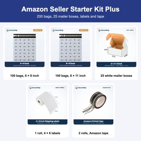 SecureShip Amazon Seller Starter Kit Plus: 100 bags, 6 × 8 inch, 100 bags, 8 × 11 inch, 25 white mailer boxes, 1 roll, 4 × 6 labels, 2 rolls, Amazon tape