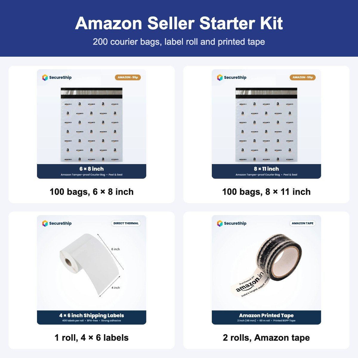 SecureShip Amazon Seller Starter Kit: 100 bags, 6 × 8 inch, 100 bags, 8 × 11 inch, 1 roll, 4 × 6 labels, 2 rolls, Amazon tape