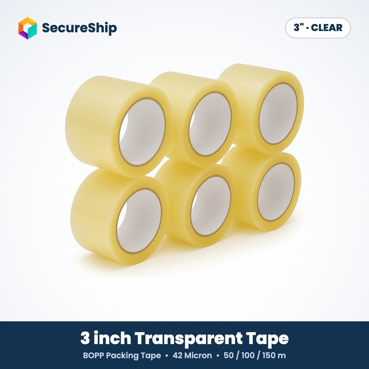 SecureShip 3 inch transparent BOPP packing tape, 42 micron