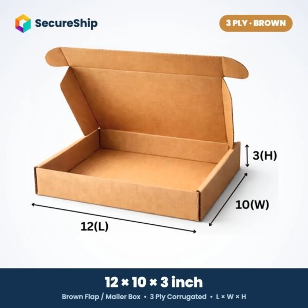 3 ply brown corrugated flap mailer box, 12 x 10 x 3 inches