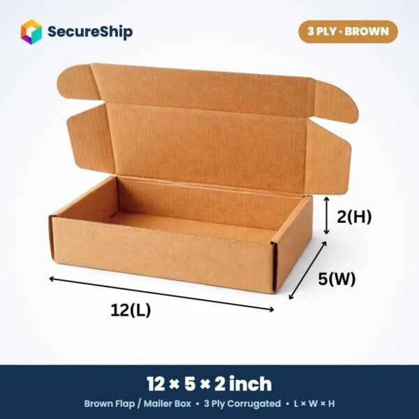 3 ply brown corrugated flap mailer box, 12 x 5 x 2 inches