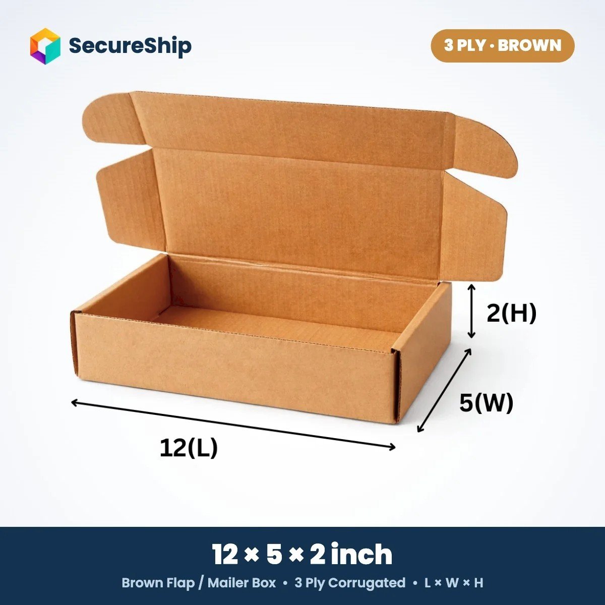 3 ply brown corrugated flap mailer box, 12 x 5 x 2 inches
