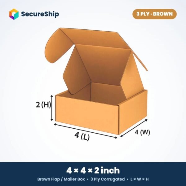 3 ply brown corrugated flap mailer box, 4 x 4 x 2 inches