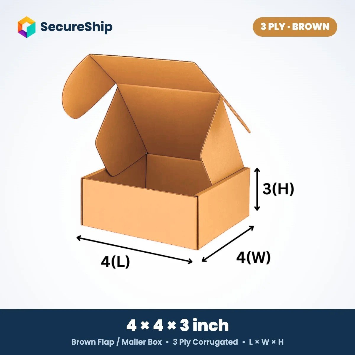 3 ply brown corrugated flap mailer box, 4 x 4 x 3 inches