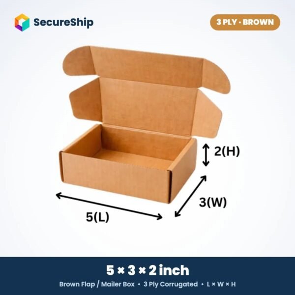 3 ply brown corrugated flap mailer box, 5 x 3 x 2 inches