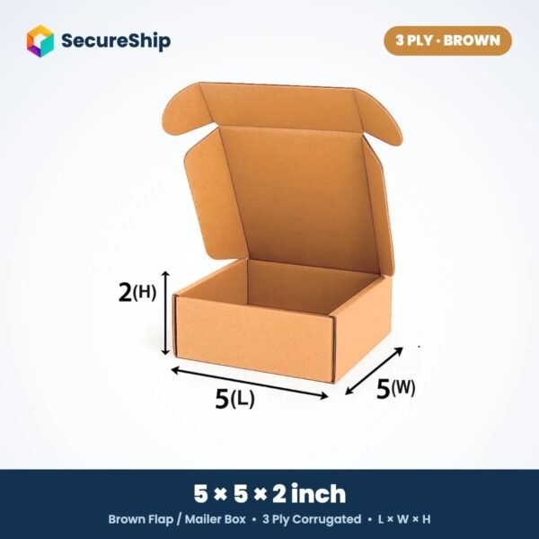 3 ply brown corrugated flap mailer box, 5 x 5 x 2 inches