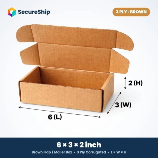 3 ply brown corrugated flap mailer box, 6 x 3 x 2 inches