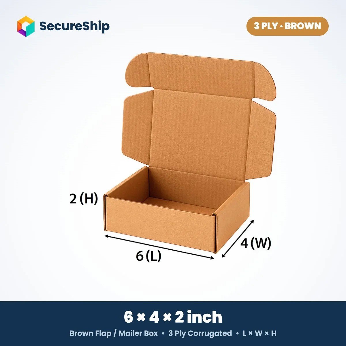 3 ply brown corrugated flap mailer box, 6 x 4 x 2 inches