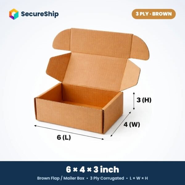 3 ply brown corrugated flap mailer box, 6 x 4 x 3 inches