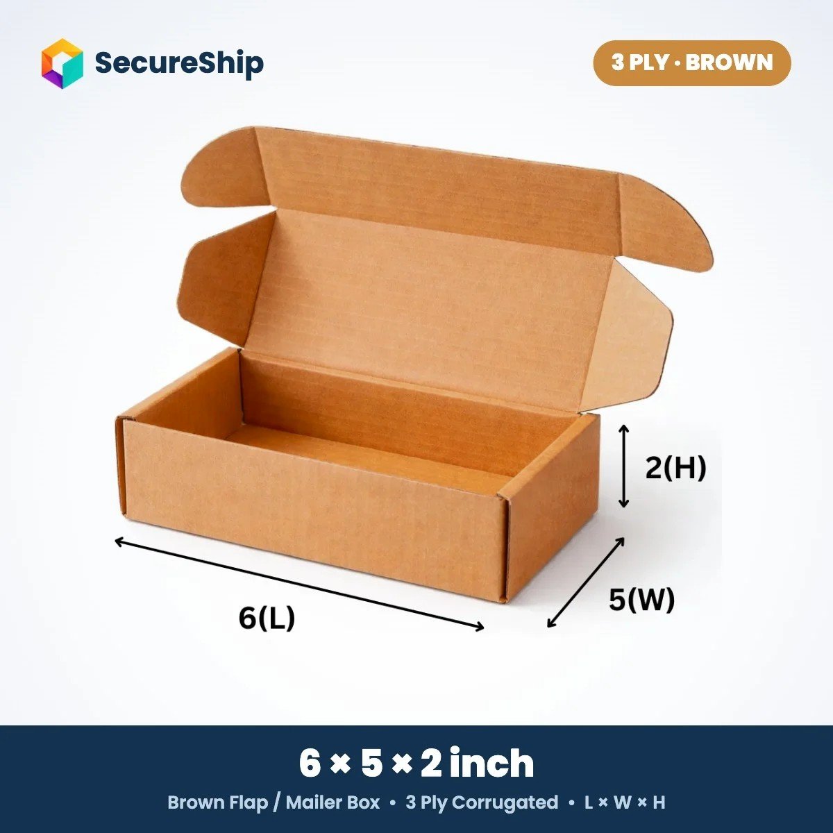 3 ply brown corrugated flap mailer box, 6 x 5 x 2 inches