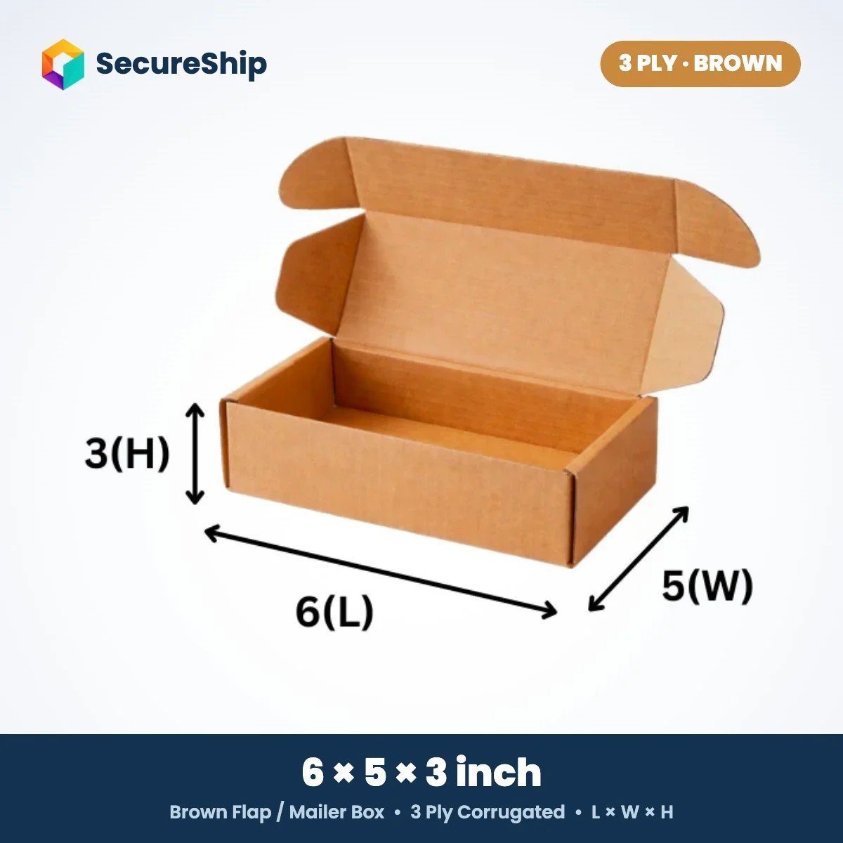 3 ply brown corrugated flap mailer box, 6 x 5 x 3 inches