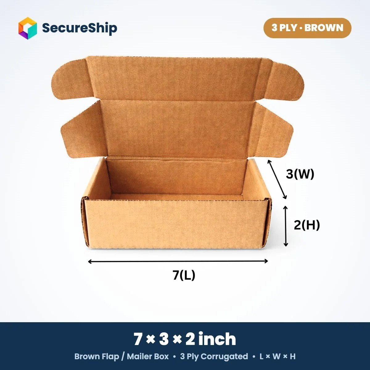 3 ply brown corrugated flap mailer box, 7 x 3 x 2 inches