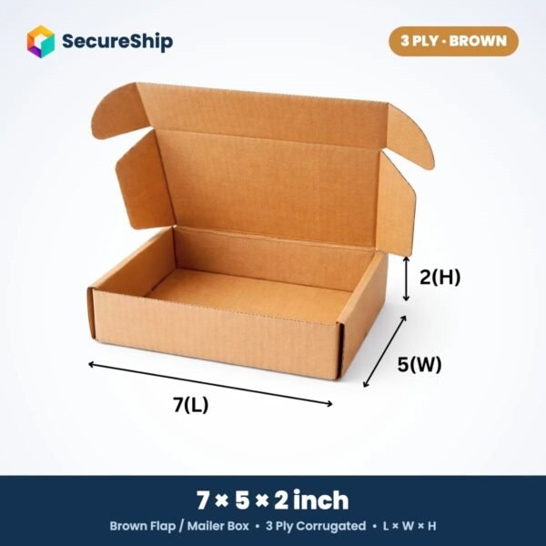3 ply brown corrugated flap mailer box, 7 x 5 x 2 inches