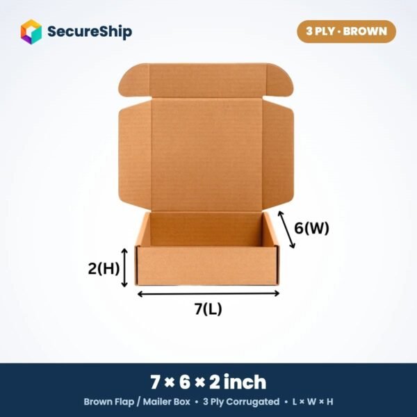 3 ply brown corrugated flap mailer box, 7 x 6 x 2 inches