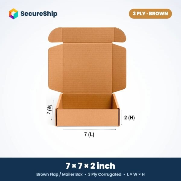 3 ply brown corrugated flap mailer box, 7 x 7 x 2 inches