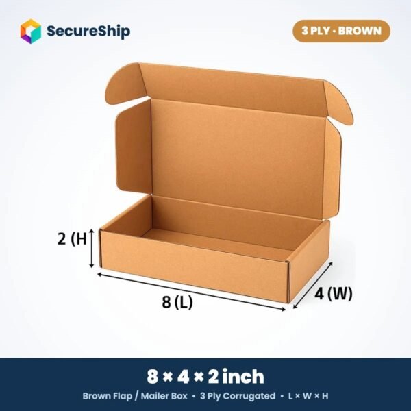 3 ply brown corrugated flap mailer box, 8 x 4 x 2 inches