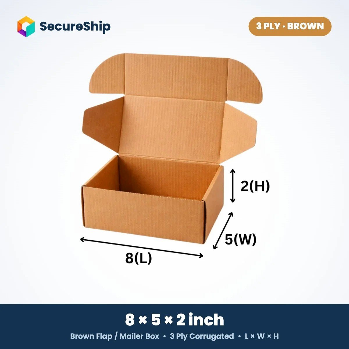 3 ply brown corrugated flap mailer box, 8 x 5 x 2 inches
