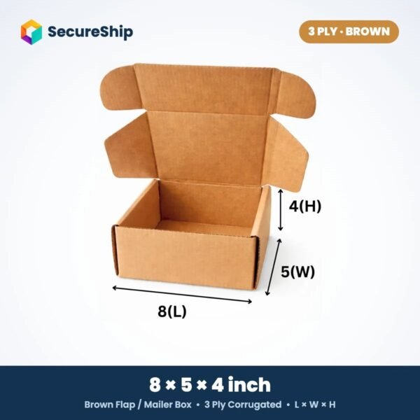 3 ply brown corrugated flap mailer box, 8 x 5 x 4 inches