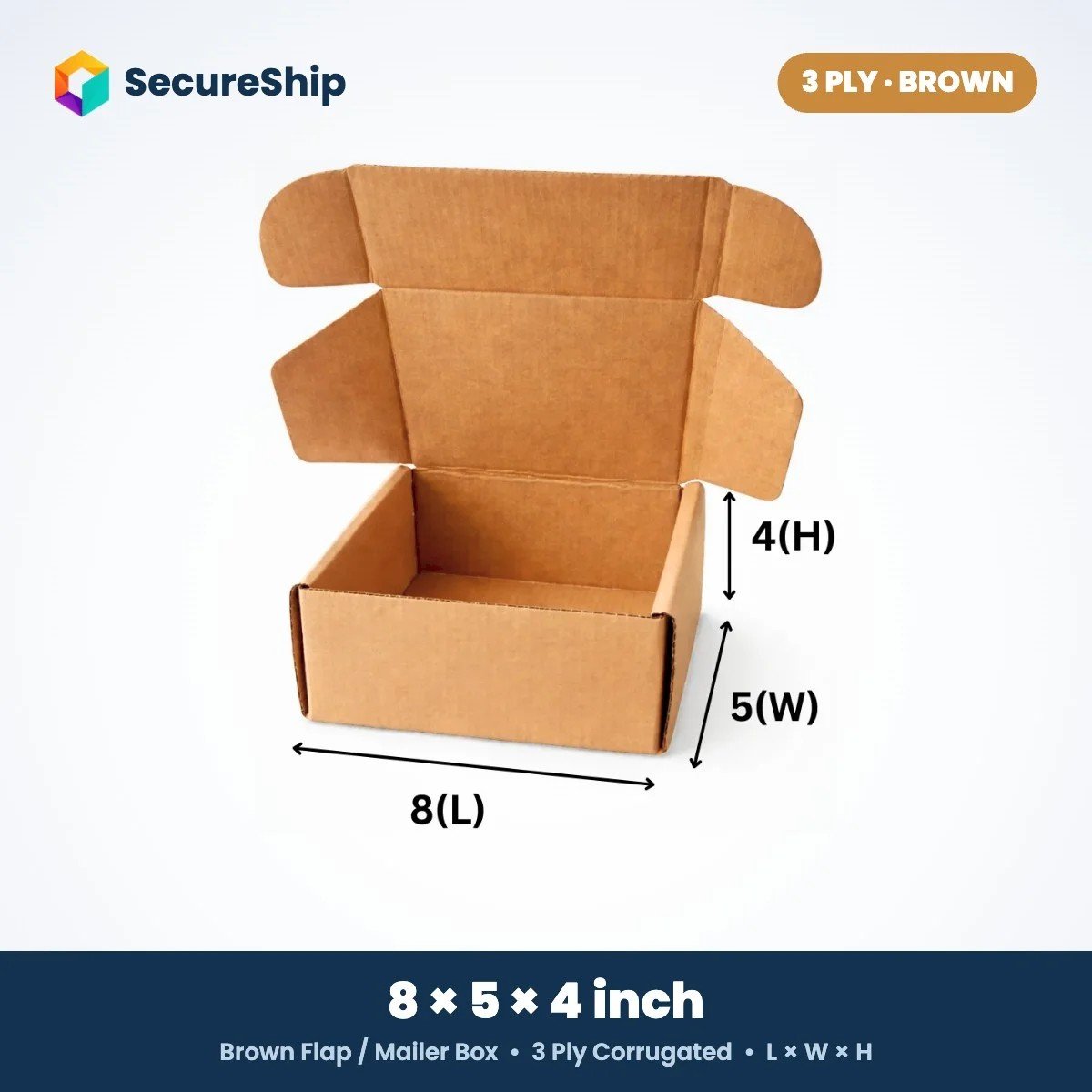 3 ply brown corrugated flap mailer box, 8 x 5 x 4 inches