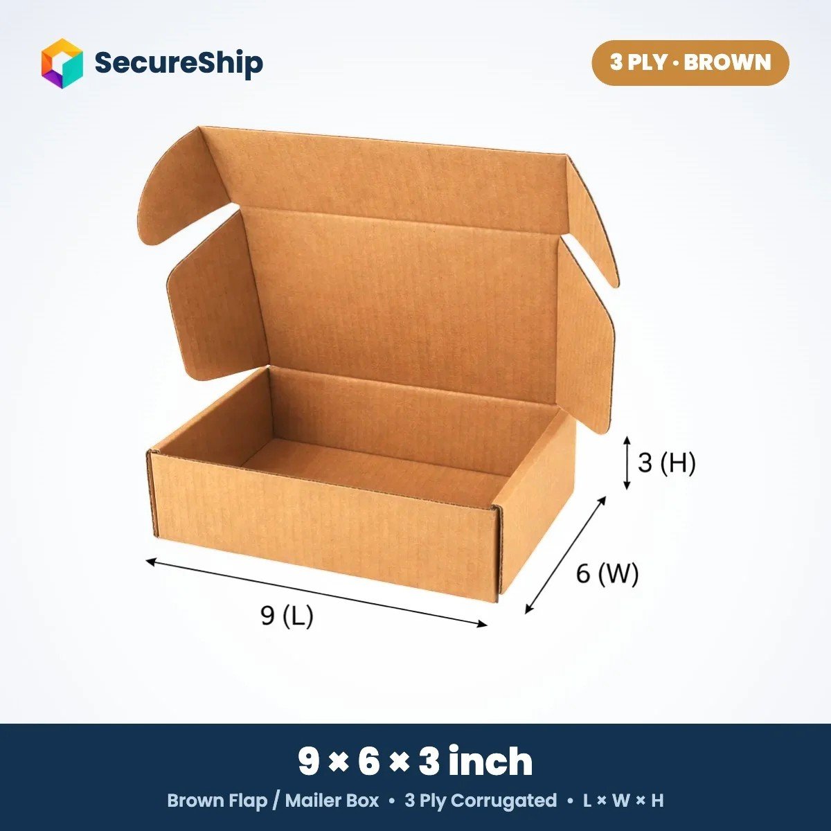 3 ply brown corrugated flap mailer box, 9 x 6 x 3 inches
