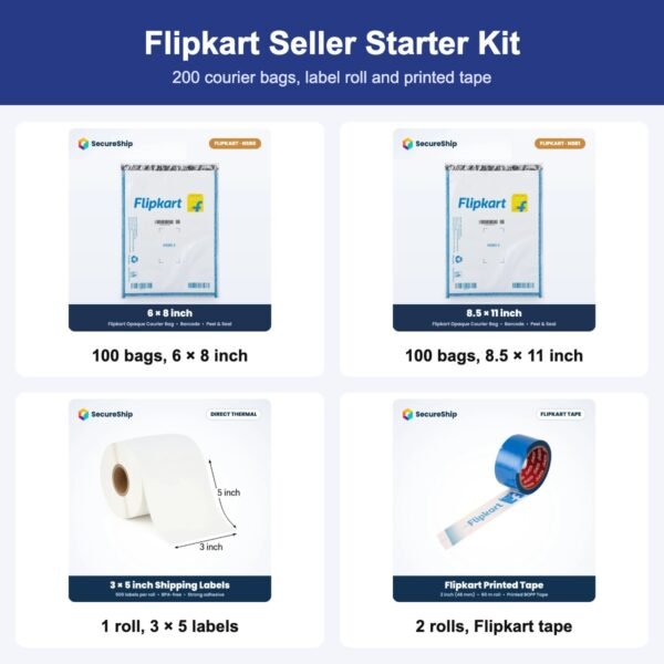 SecureShip Flipkart Seller Starter Kit: 100 bags, 6 × 8 inch, 100 bags, 8.5 × 11 inch, 1 roll, 3 × 5 labels, 2 rolls, Flipkart tape