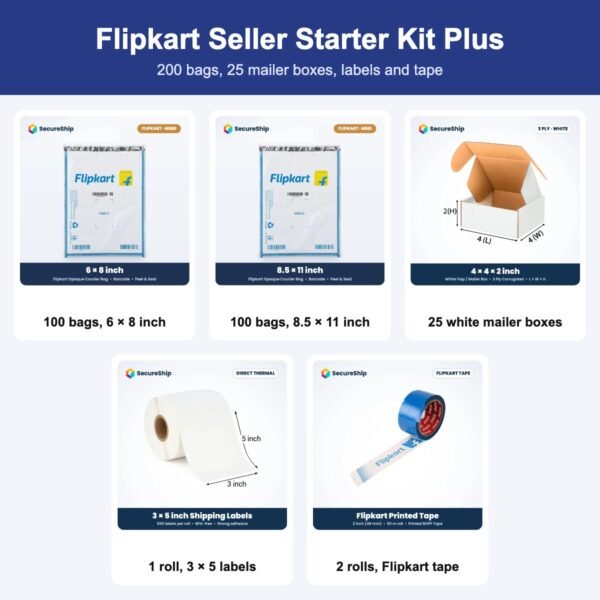 SecureShip Flipkart Seller Starter Kit Plus: 100 bags, 6 × 8 inch, 100 bags, 8.5 × 11 inch, 25 white mailer boxes, 1 roll, 3 × 5 labels, 2 rolls, Flipkart tape