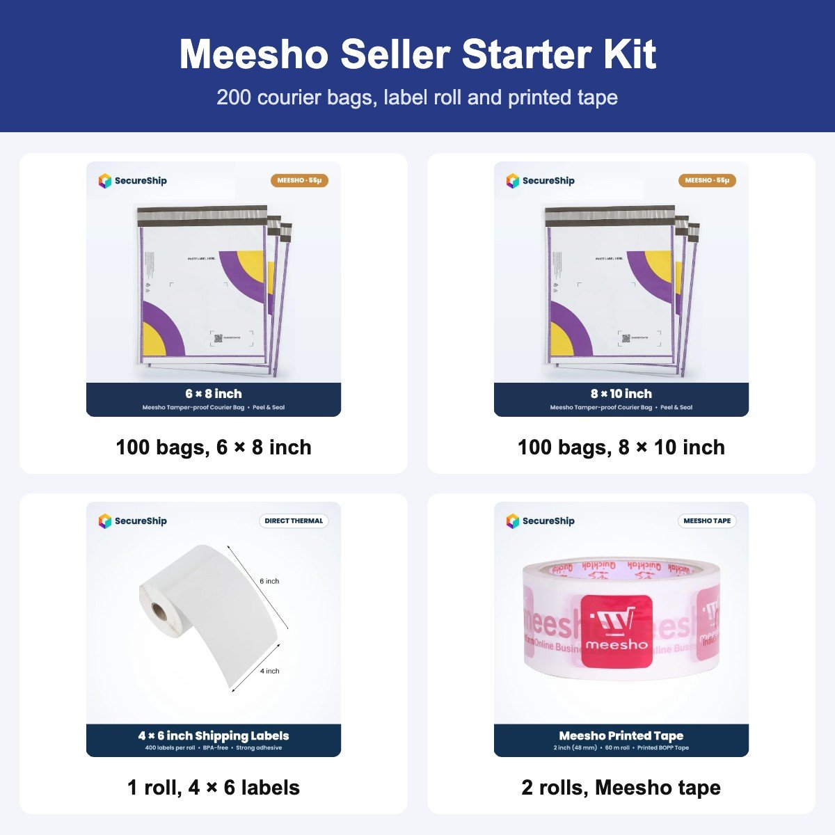SecureShip Meesho Seller Starter Kit: 100 bags, 6 × 8 inch, 100 bags, 8 × 10 inch, 1 roll, 4 × 6 labels, 2 rolls, Meesho tape