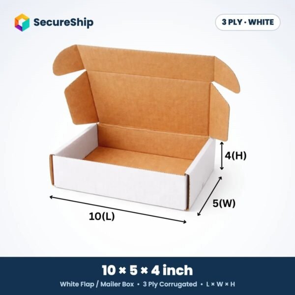 3 ply white corrugated flap mailer box, 10 x 5 x 4 inches