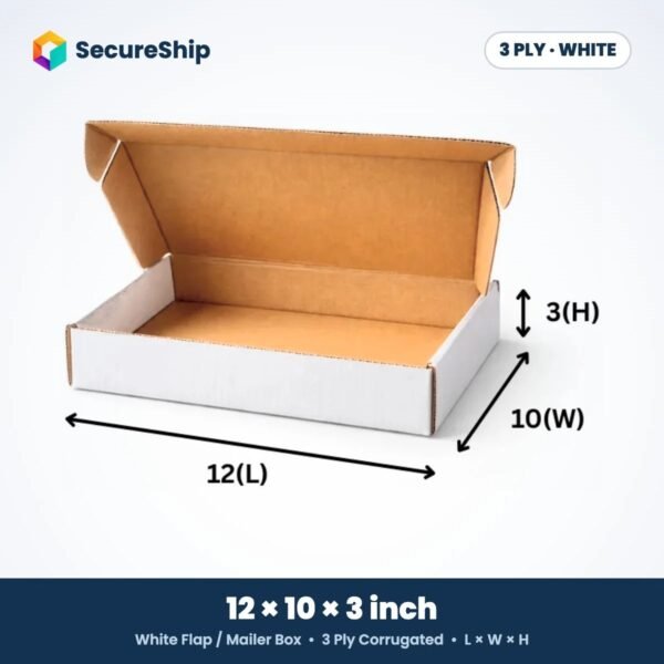3 ply white corrugated flap mailer box, 12 x 10 x 3 inches