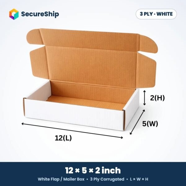 3 ply white corrugated flap mailer box, 12 x 5 x 2 inches