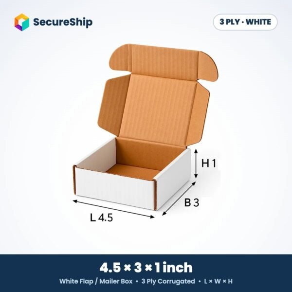 3 ply white corrugated flap mailer box, 4.5 x 3 x 1 inches