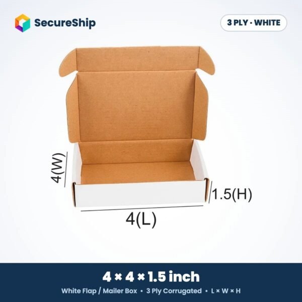 3 ply white corrugated flap mailer box, 4 x 4 x 1.5 inches