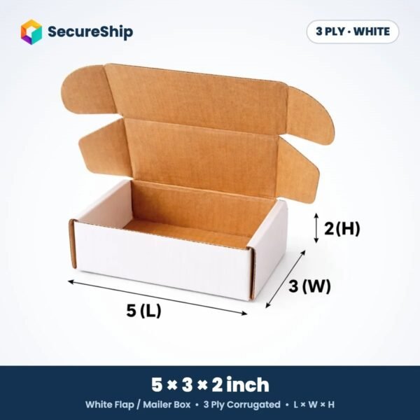 3 ply white corrugated flap mailer box, 5 x 3 x 2 inches