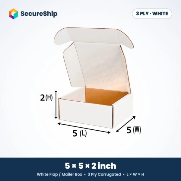 3 ply white corrugated flap mailer box, 5 x 5 x 2 inches