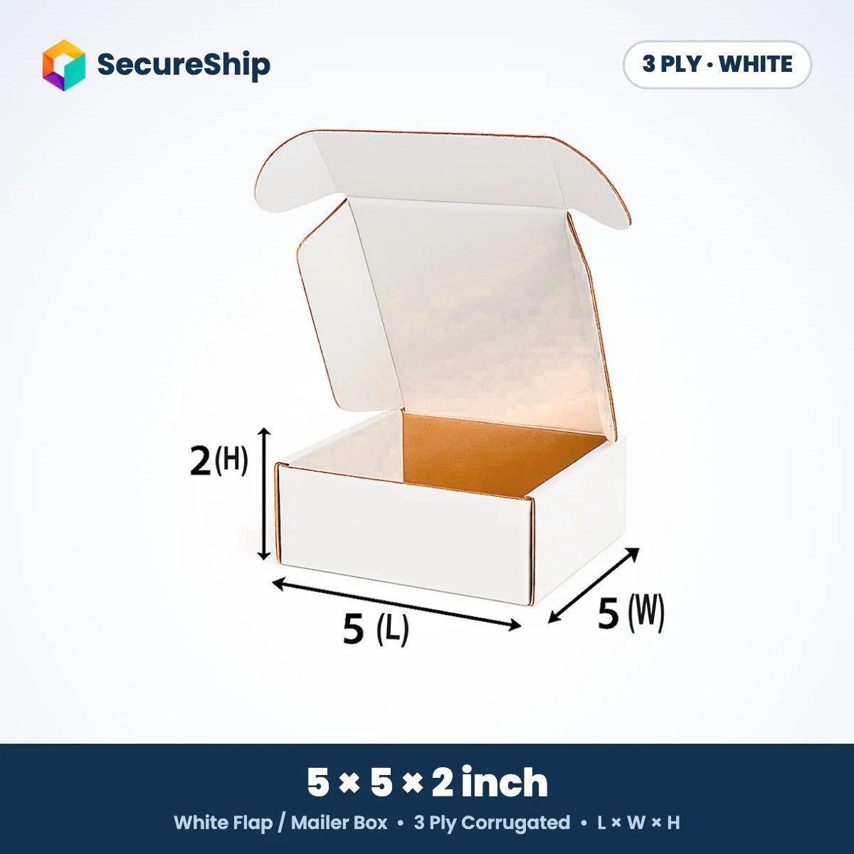 3 ply white corrugated flap mailer box, 5 x 5 x 2 inches