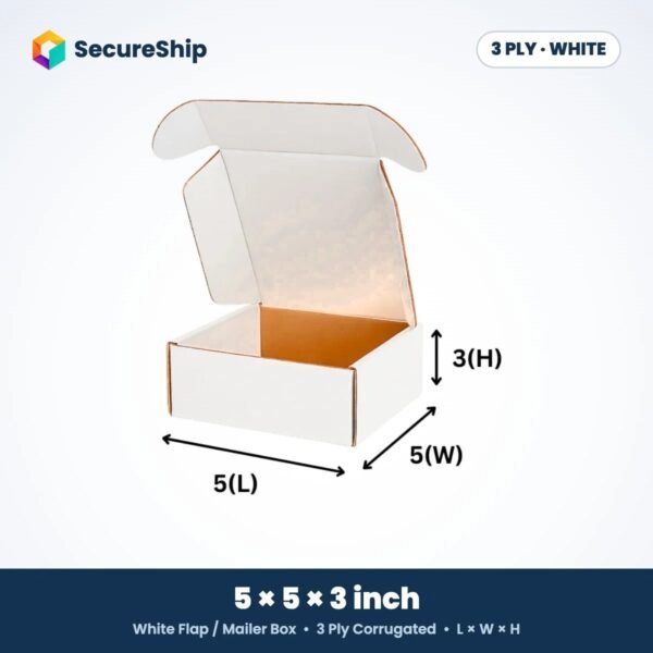 3 ply white corrugated flap mailer box, 5 x 5 x 3 inches