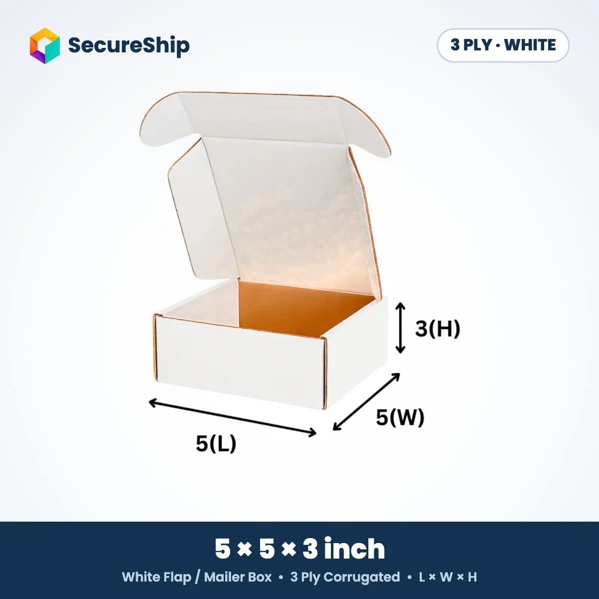 3 ply white corrugated flap mailer box, 5 x 5 x 3 inches