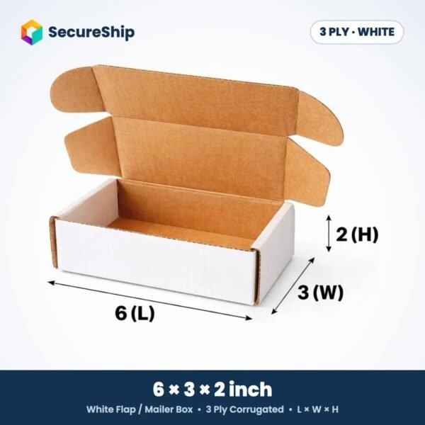 3 ply white corrugated flap mailer box, 6 x 3 x 2 inches