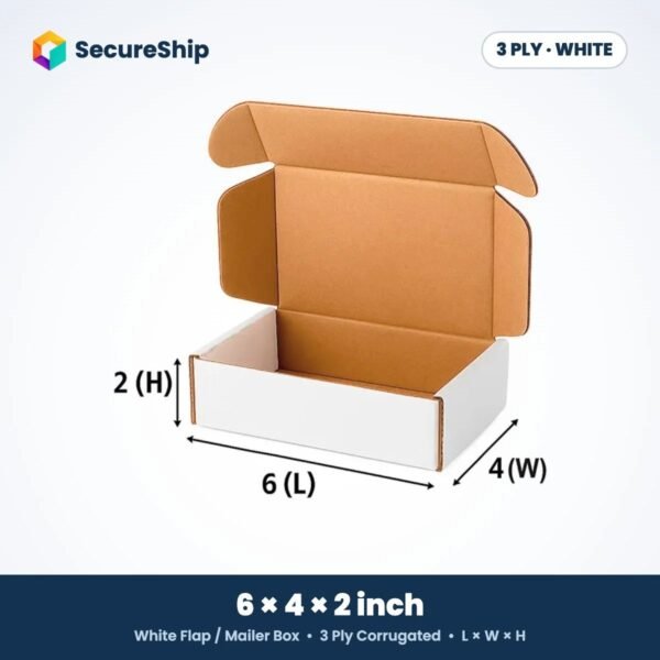 3 ply white corrugated flap mailer box, 6 x 4 x 2 inches