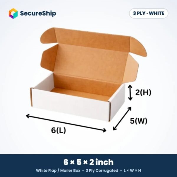 3 ply white corrugated flap mailer box, 6 x 5 x 2 inches