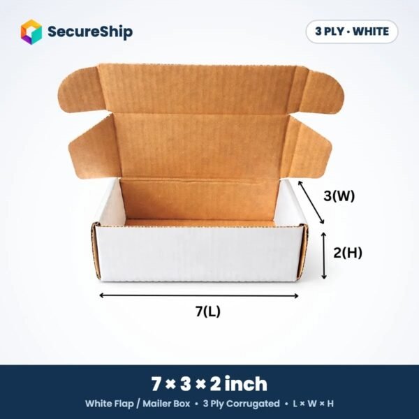 3 ply white corrugated flap mailer box, 7 x 3 x 2 inches