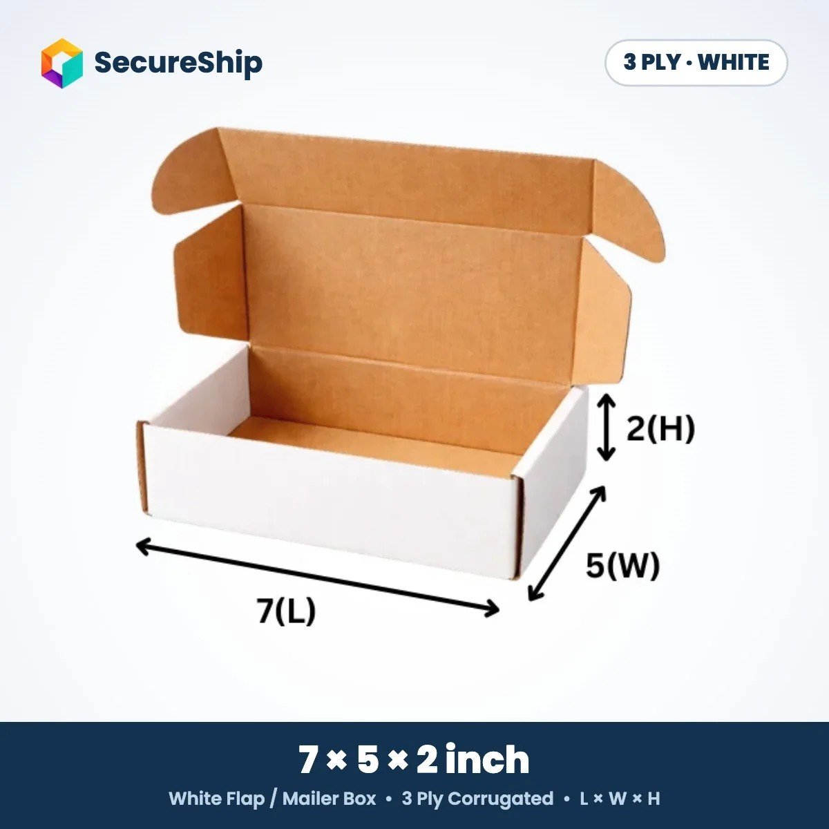 3 ply white corrugated flap mailer box, 7 x 5 x 2 inches
